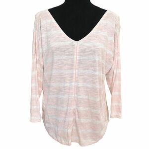 Ann Taylor Pink White Striped Linen Blend V Neck Top L Lightweight